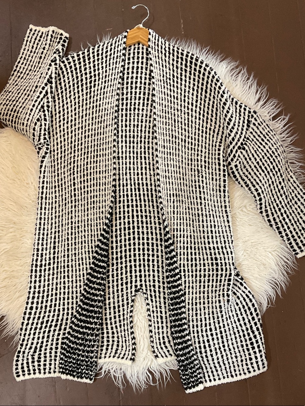 POL Black and White Open-Weave Duster Cardigan